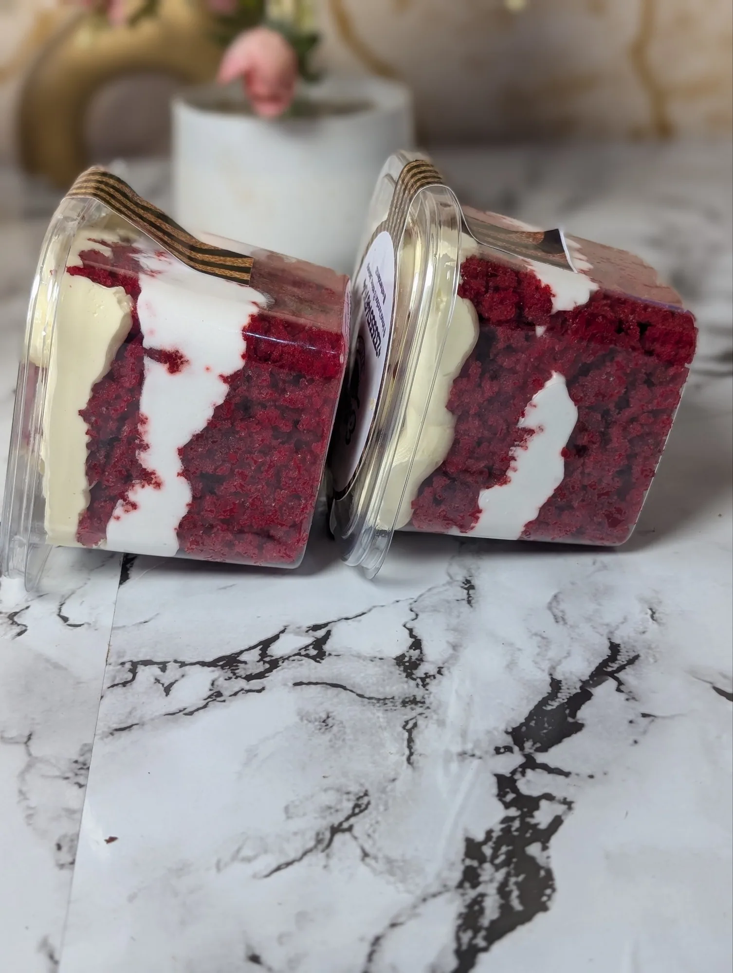 Red velvet cake parfait in a clear cup
