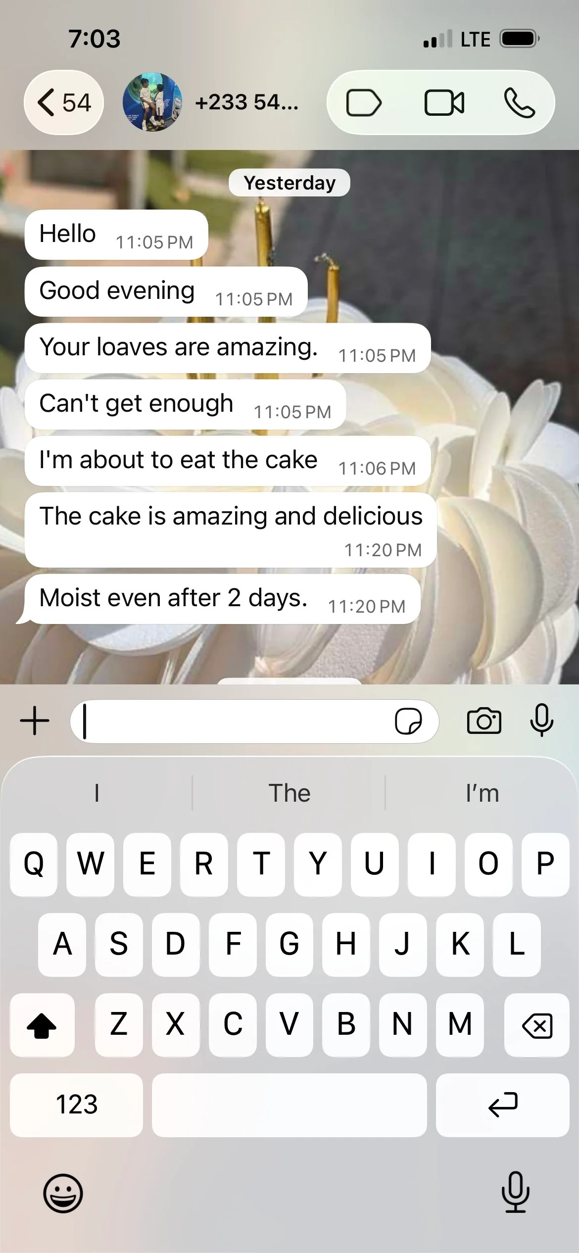 Customer message praising the loaves and saying the cake was amazing, delicious, and still moist after two days