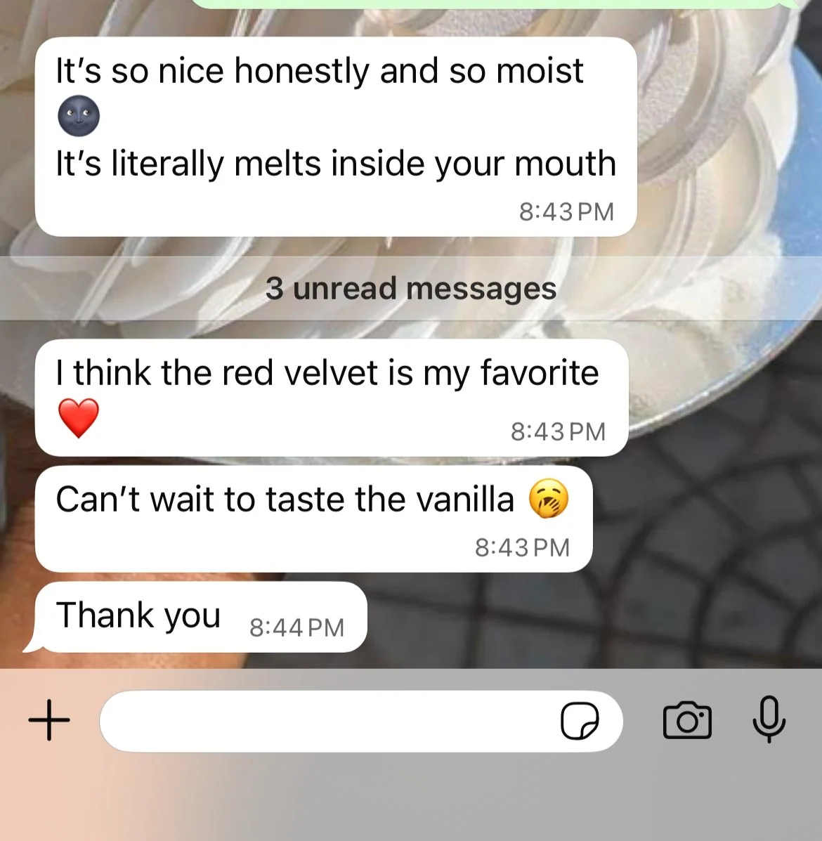 Customer message describing the cake as moist and melt-in-the-mouth, with red velvet as their favourite