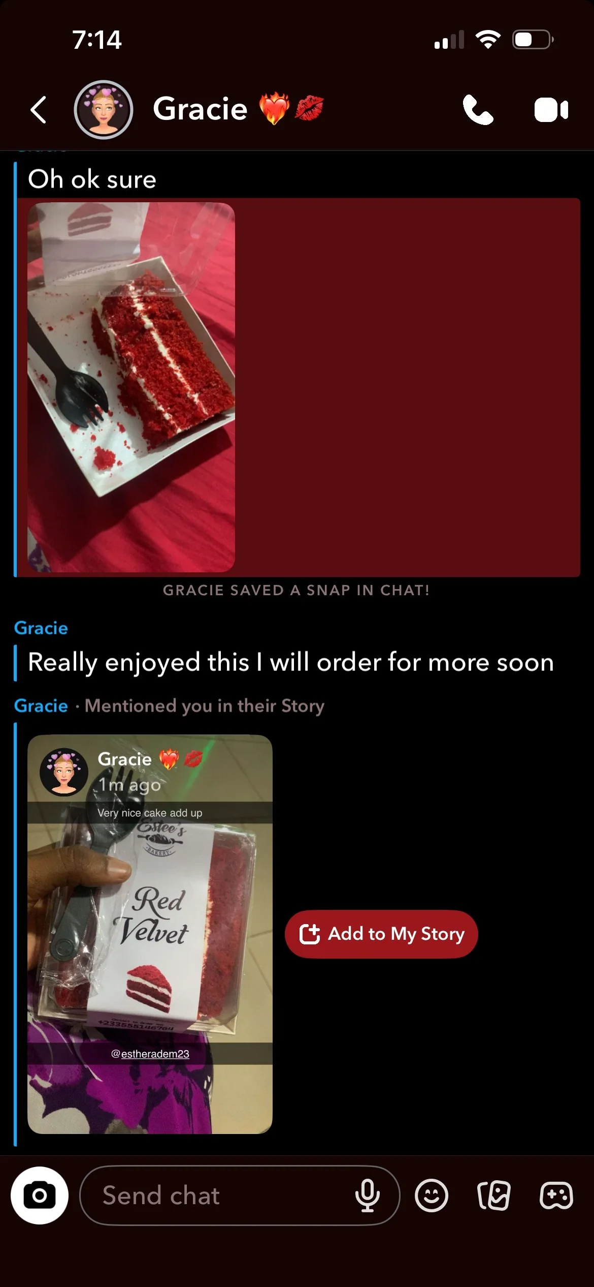Snapchat customer message showing a red velvet slice and saying they really enjoyed it and will order more