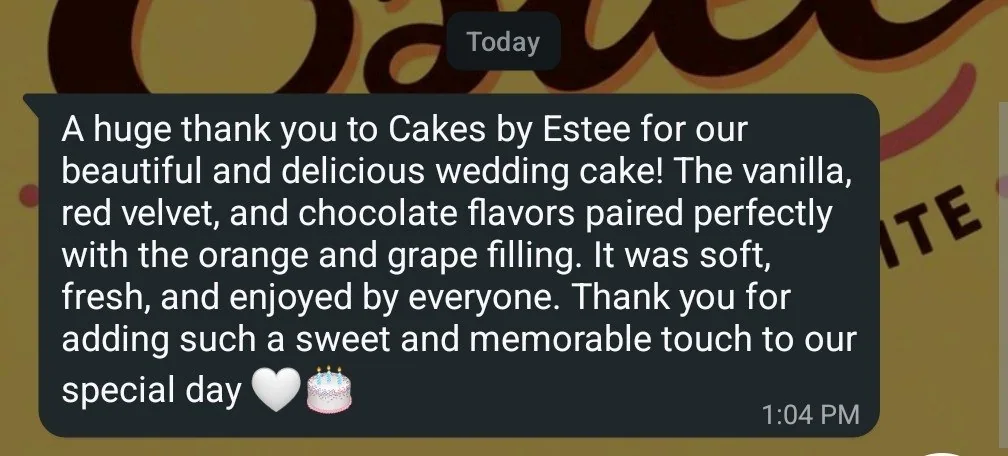 Wedding customer thanking Cakes by Estee for a soft, fresh, and delicious three-flavour wedding cake