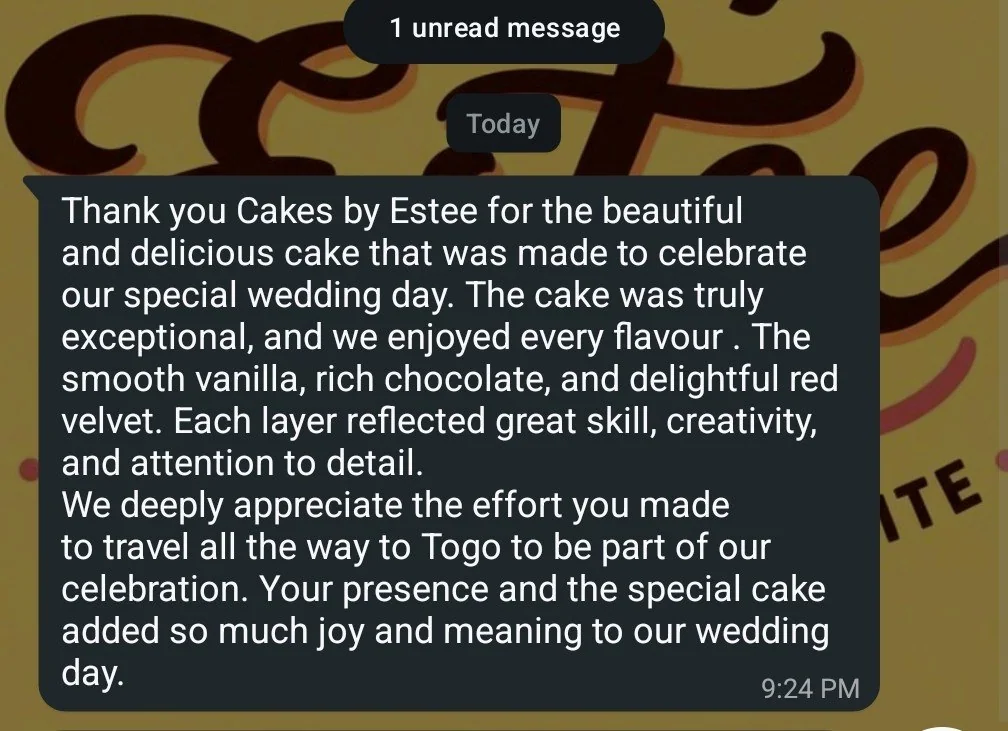 Wedding customer praising the vanilla, chocolate, and red velvet cake and the care taken to deliver it to Togo