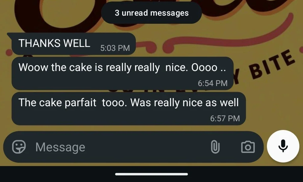 Customer message saying both the cake and cake parfait were really nice